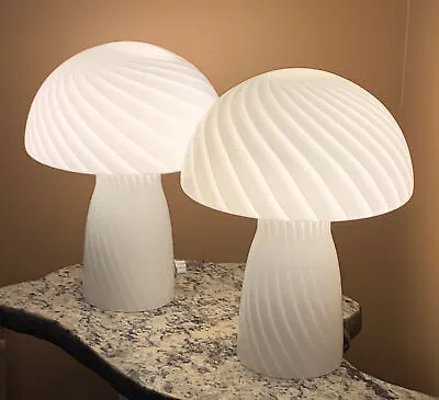 Murano Style Pair Of White Mushroom Swirl 12”x9” Table Lamp Desk Lamp •Lot Of 2 • $239.98