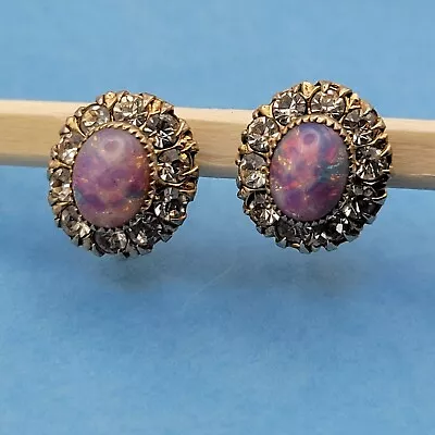 Vintage 1950s Pink Fire Opal And Rhinestone Screw Back Earrings Gold Tone VARGAS • $20