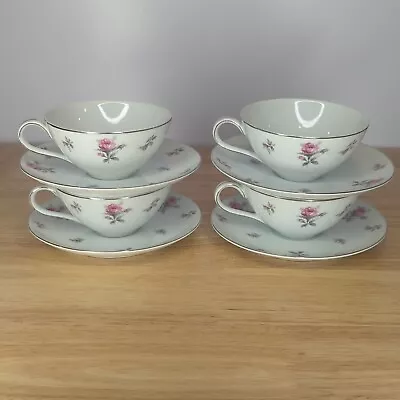 Meito Rose Chintz Set Of 4 Cups Saucers Silver Rim Pink Roses Porcelain VTG • $14.39