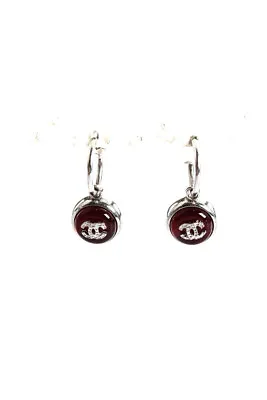 $472.01 • Buy Chanel Womens Vintage Burgundy And Silver CC Logo Round Huggie Earrings