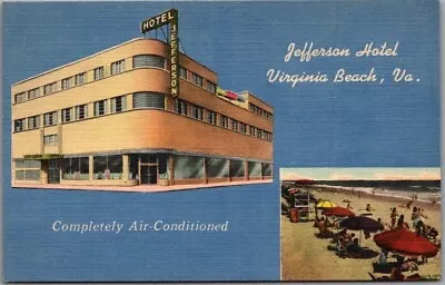 1940s VIRGINIA BEACH Va. Postcard JEFFERSON HOTEL / Beach Scene - Linen Unused • $4