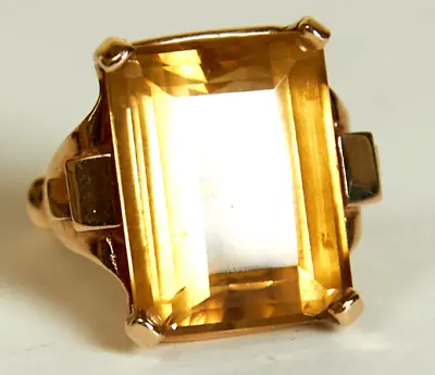 1940s Art Retro 14K Gold Large Citrine 19x15mm ~18ct Solitaire Cocktail Ring Sz7 • $775