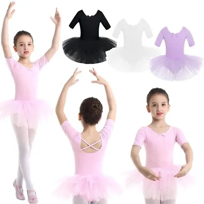 UK Girls Ballet Dance Dress Ballerina Half Sleeve Tutu Skirt Party Dancewear UK • £11.37