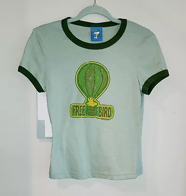 Peanuts Woodstock Free Bird Girls Large Green Ringer T-Shirt Vintage Style USA • $24