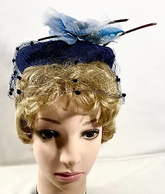 1950s Womens Halo Hat Navy Blue Veil Flowers Headgear Fashion Accessory 14604 • $30