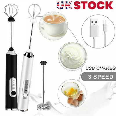 Handheld Electric Coffee Milk Frother Whisk Egg Beater Rechargeable 3 Speeds • £8.49