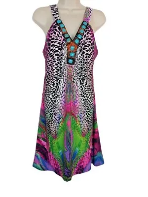 Venus Womens Shift Dress Multicolor Animal Feather Print Turquoise Beaded M New • $17.49