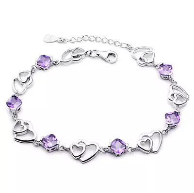 Women 925 Silver Plated Purple Cubic Zirconia Heart Bracelet 8  Chain Gift B2 • $5.97