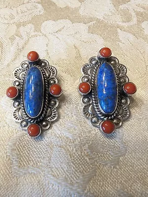 VTG Sterling Silver Native American NAVAJO Coral Lapis Earrings Signed J Linkin • $31