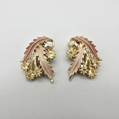 Vintage Earrings Green Yellow Crystals Gold Tone Enamel Leaves Studs 1 Inch • $7.99