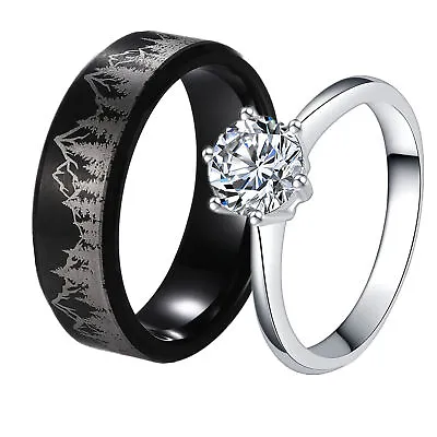 His Black Tungsten And Hers 1.0 CZ Bridal Wedding Ring Set Matching Couple Band • $19.52