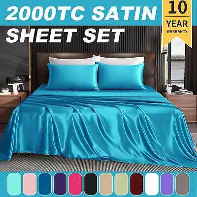 2000TC 4 Pcs Silk Satin Flat Fitted Sheet Bed Set Single Double Queen King AU • $28.49