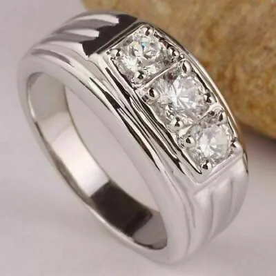 3.CT Round Cut Natural Moissanite 3 Stone Men's Wedding Ring White Gold Plated • $149.99