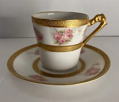 Vintage Limoges Coronet Demitasse Cup & Saucer White Gold Pink Roses • $19.99