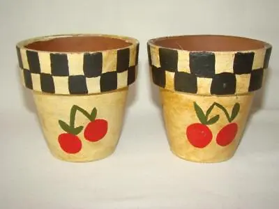 2 Vintage Primitive Terra Cotta Pottery Planter FLOWER POTS Old Paint W/Cherries • $26.99