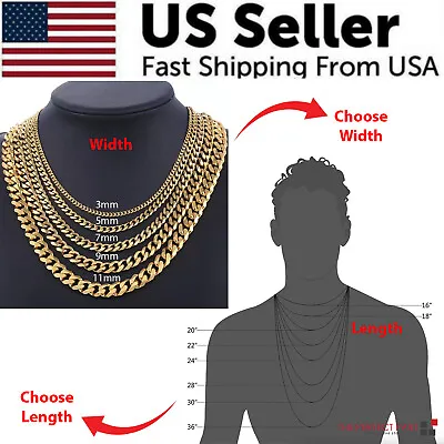 $5.89 • Buy Stainless Steel Gold Silver Chain Cuban Curb Womens Mens Necklace 3/5/7/9/11mm