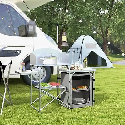 Folding Camping Kitchen With Windshield Portable Camping Cupboard For BBQ Silver • £66.99