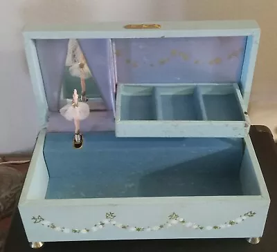 Vintage MELE Dancing Ballerina Music Jewelry Box Blue Velvet WORKS! • $45