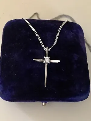 Vintage 14k White Gold & Solitaire Diamond Cross Pendant Great Modern Design • $275