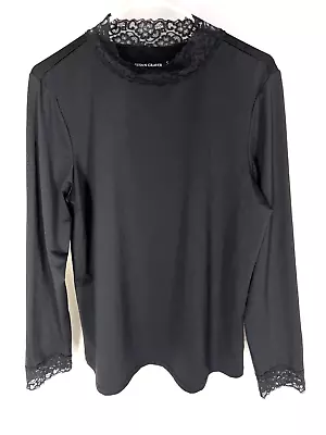 Susan Graver Butterknit LS Top W/Lace Collar & Cuffs Size Large Solid Black • £7.65