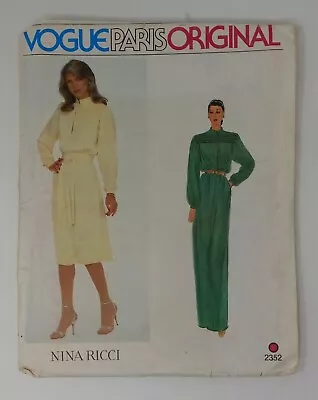 Vogue Paris Original 1980 Nina Ricci Dress Pattern #2352 Size 10 Uncut Vintage  • $14.99