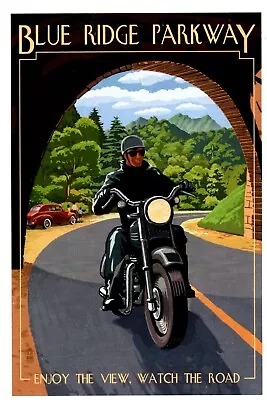 Postcard Blue Ridge Parkway Motorcycle And Tunnel From An Art Poster • $4.75