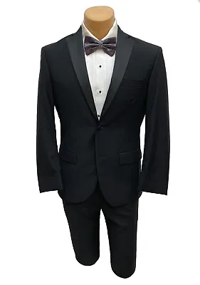 Black Tuxedo With Flat Front Pants Grosgrain Satin Lapels Modern Fit 42S 36W • $59.99