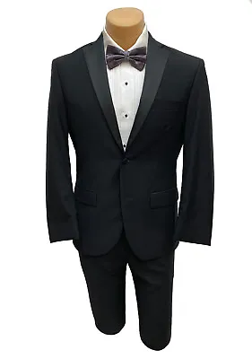 Black Tuxedo With Flat Front Pants Grosgrain Satin Lapels Modern Fit 44L 38W • $69.99