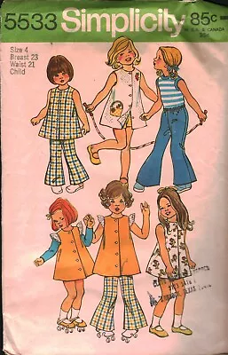 5533 Vintage Simplicity Sewing Pattern Girl 1970s Dress Jumper Bell Bottom Pants • $5.59