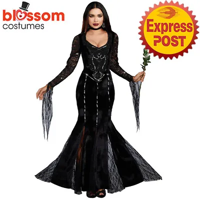 N748 Morticia Miss Darkness The Addams Family Fancy Dress Goth Halloween Costume • $36.26