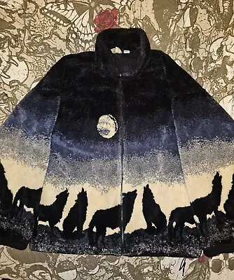 Vintage 90s Wolf Wolves Howling At Moon All Over Full Zip Jacket Large • $69.99