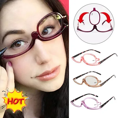 Womens Magnifying Rotable Makeup Reading Glasses Flip Make-up Clear Eyeglasses • £1.91