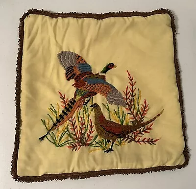 VTG Crewel Embroidery Pheasant Pillow Cover 16” X 16” Yellow  • $30