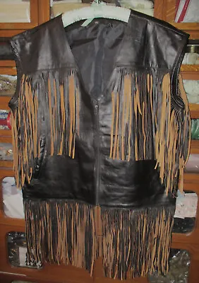 Men’s New Black Leather  Long Fringed Vest – 2XL -51” Chest -Hippie - Biker • $74.99