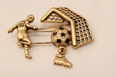 VTG Goldtone Black Enamel Soccer Player Kicking Ball Into Goal Brooch Pin • $16