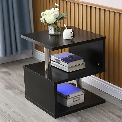 $76.01 • Buy Modern High Gloss Coffee/Side Table Black With Blue LED Lights S-shape End Table