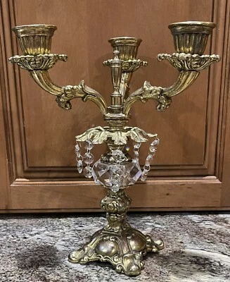 $59.99 • Buy Vintage Brass Candle Taper Holder 3 Arm Candelabra W/ Crystal Prisms