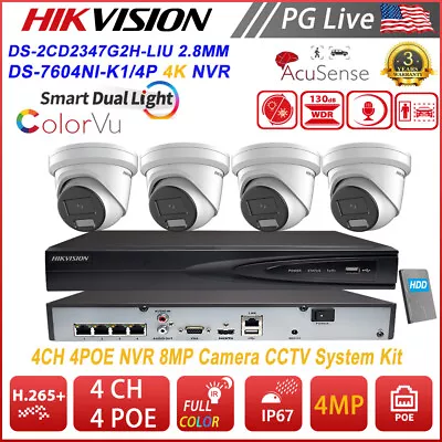 Hikvision 4CH 4POE NVR 4MP ColorVu AcuSense Mic Turret IP Camera CCTV System Lot • $407.55