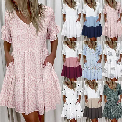 $22.41 • Buy Plus Size Womens Summer Ruffle Dress Ladies Short Sleeve Frill Mini Sun Dresses