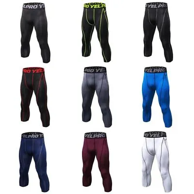 Men Compression Tight Trouser 3/4 Leggings Sports Running Fitness Pant Quick Dry • £13.19
