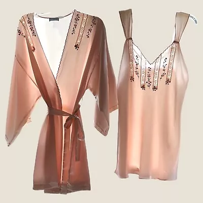 VAL MODE Vintage Lingerie Set Size M Gown & Robe Blush Color Inlaid Lace Flowers • $29