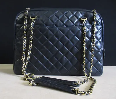 $1595 • Buy Vintage Chanel Quilted Black Leather Large Shoulder Bag Handbag - 36cm