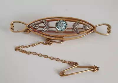 15 Carat Gold Antique Brooch Central Aquamarine & Diamond Accents • £160