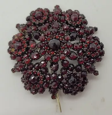 Antique Victorian Bohemian Rose Cut Garnet Domed Tiered Floral Cluster Brooch • $125