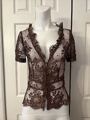 Milly Of New York Brown & Gold Lace Flower Print Top Button-up Women’s Size 2  • $25
