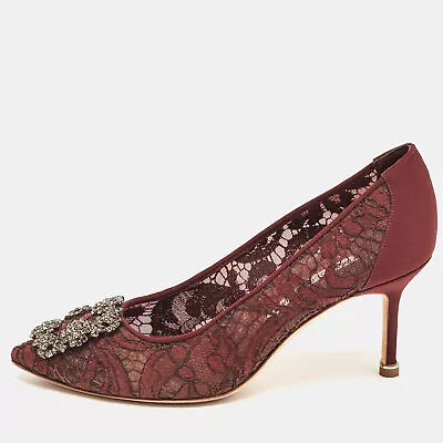 Manolo Blahnik Burgundy Lace And Mesh Hangisi Pointed Toe Pumps Size 36 • $341.25