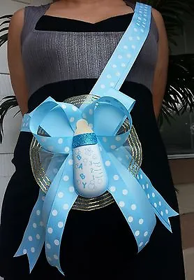 Baby Shower Mom To Be It's A Boy Sash Blue Bottle Polkadots Ribbon And Corsage  • $16.99