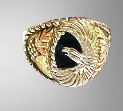 Vtg Coleman Mens Black Hills Ring Sterling Silver Onyx 12K Gold Eagle Sz 14 NICE • $135.99