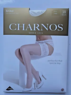 Charnos Bridal Deep Lace Top Hold Up Stockings COLOUR IVORY Wedding Size LARGE • £10