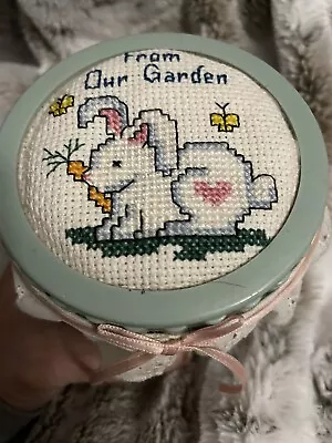 Vintage Mason Jar Embossed Fruit Cross Stitch Easter Bunny Rabbit Needlepoint • $28